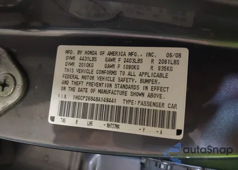 2008 Honda Accord 2.4 Ex-L из США, поврежденный, VIN 1HGCP26848A149441